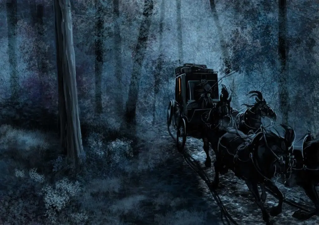 The Dullahan is believed by some to ride in a carriage drawn by 6 horses and decorated with funeral objects.