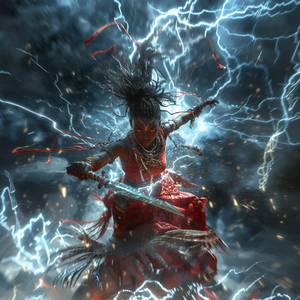 Orisha Oya, the Yoruba goddess of violent winds, storms, and lightning. Oya is shown as a powerful African goddess with dark skin, her hair flowing wildly as if caught in a fierce wind. 