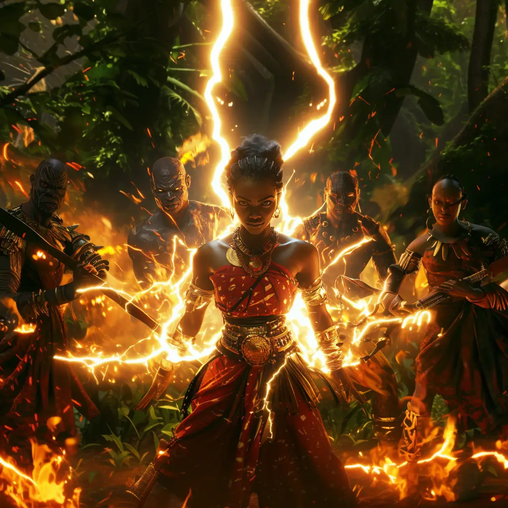 Goddess Oya is seen with Sango, Ogun and Oko. She is covered with Lightning, and maintains a fiesty stance