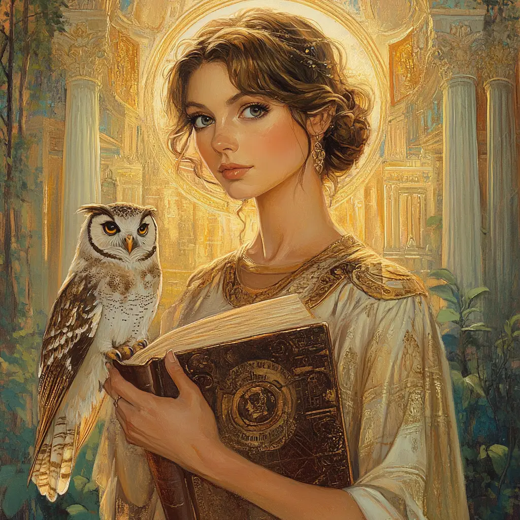 Metis | The ancient Titan goddess of Wisdom in greek mythology is shown with an Owl and a book. 