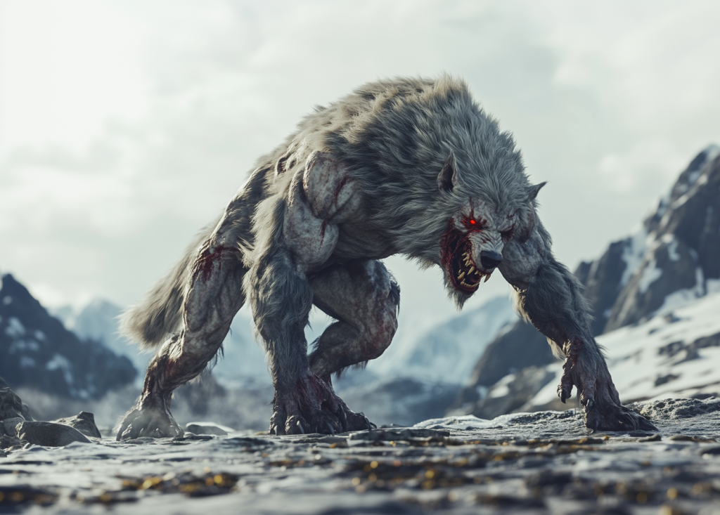 An imposing Adlet stands in a frozen Arctic landscape, its upper body human-like with pale, scarred skin and bulging muscles, while its lower half is that of a powerful, fur-covered wolf