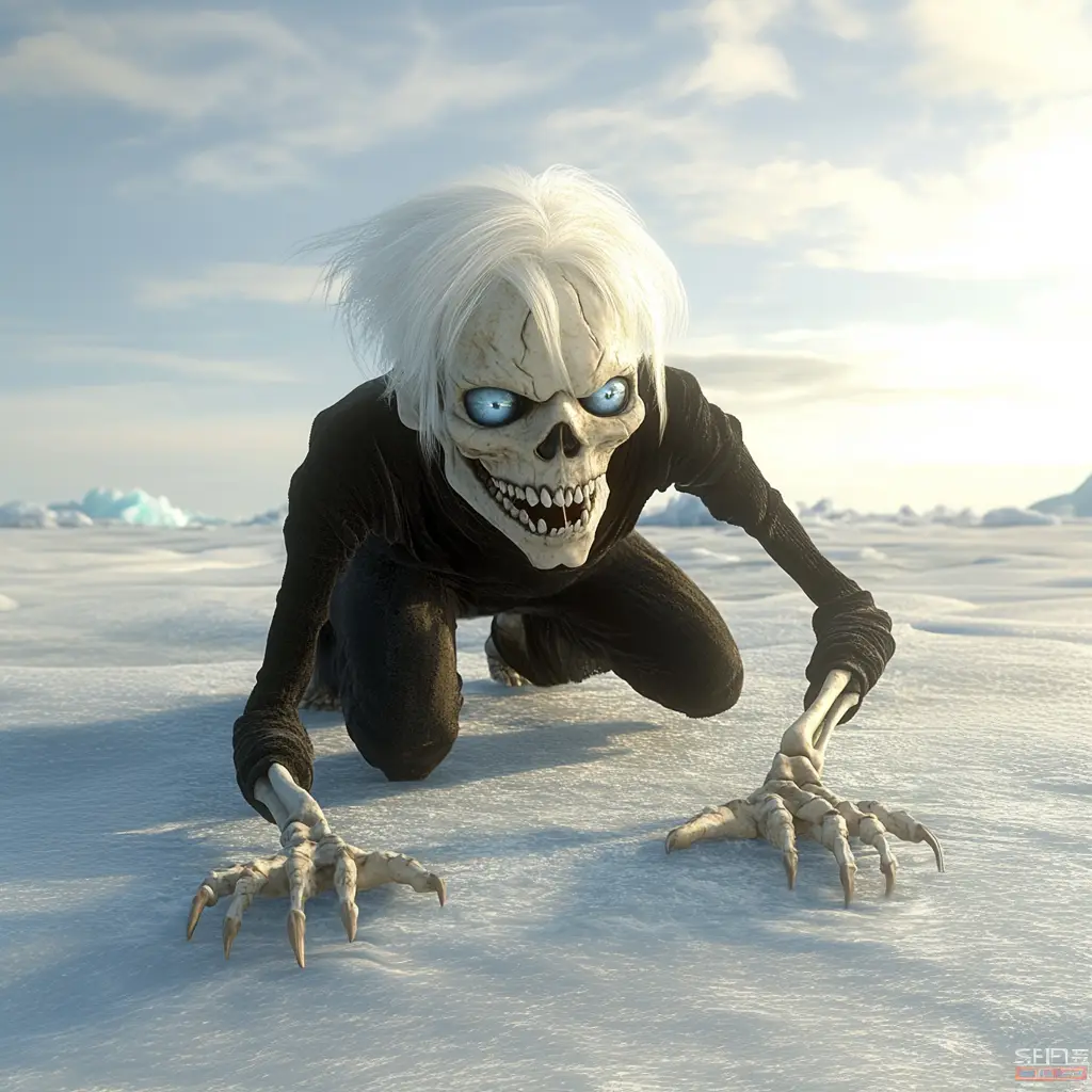 The Mahaha is shown crawling on the snow. | This inuit creature stalks and attack people by tickling them to death. 