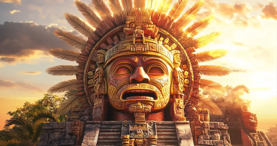 Traditional Aztec Mask | Behind is a rising sun which plays a very important role in aztec religion and mythology.