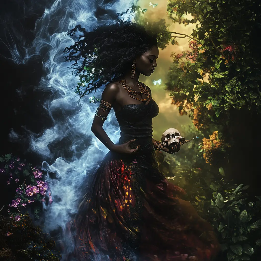 Oya | Orisha of wind and the newly dead. The image illustrates her role as the goddess of the wind and the guidian of the dead. 