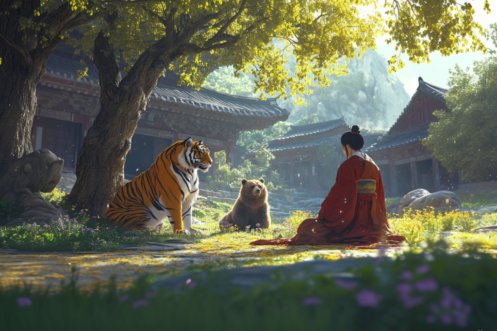 The Tiger and the Bear in the Korean creation story. || They ask Hawngun to make them Humans