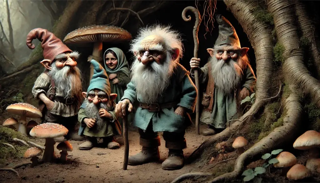 Gnomes shown as small grumpy men in the forest. They had a lot of facial hair