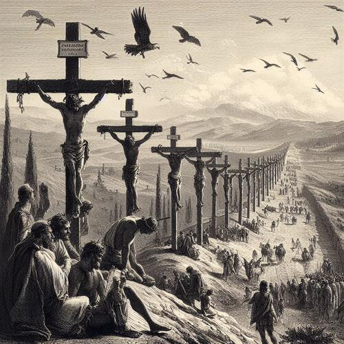 The Third Servile war. 6000 slaves were crucified along the alppian way. 