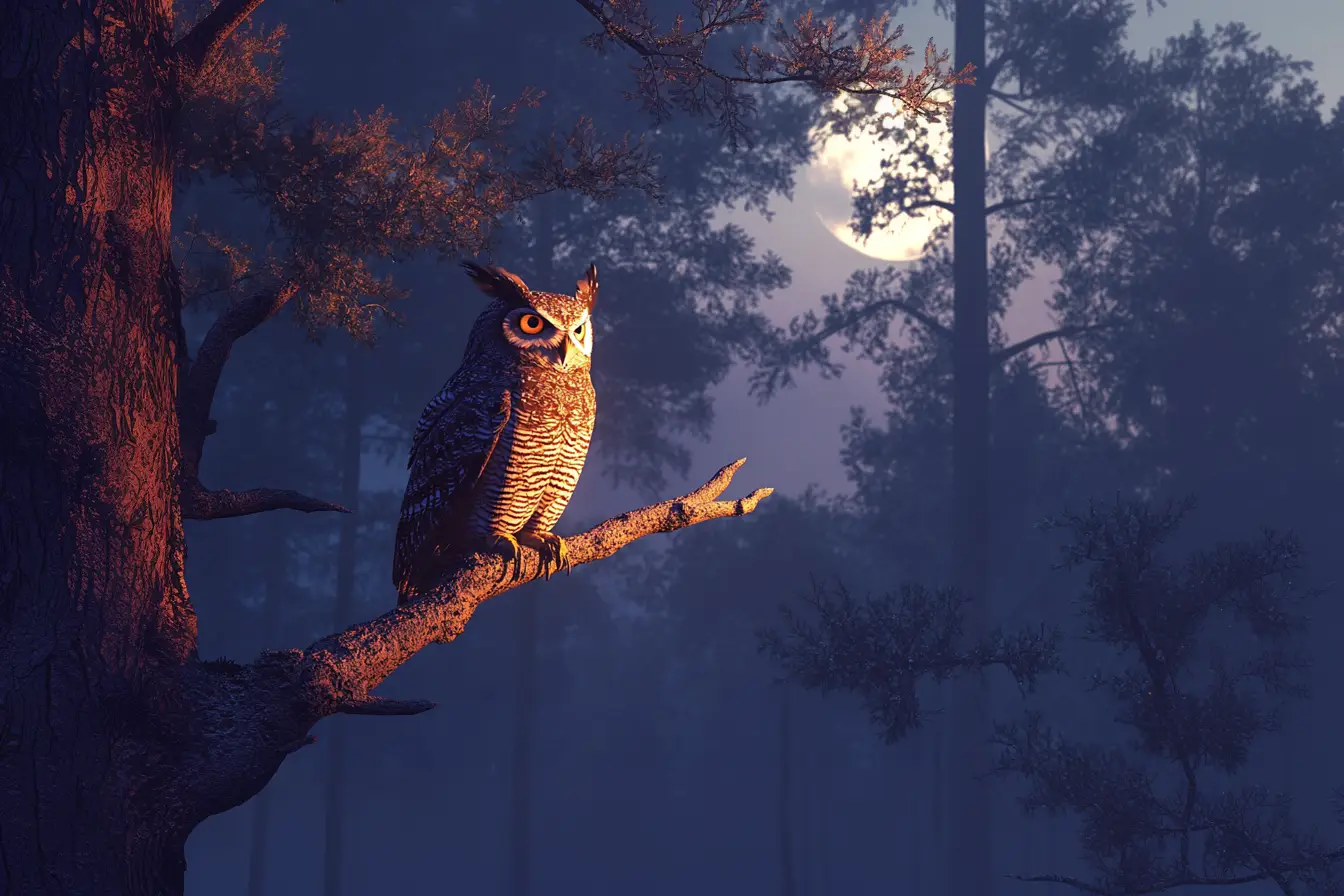 An Owl perced on a tree in a full moon.