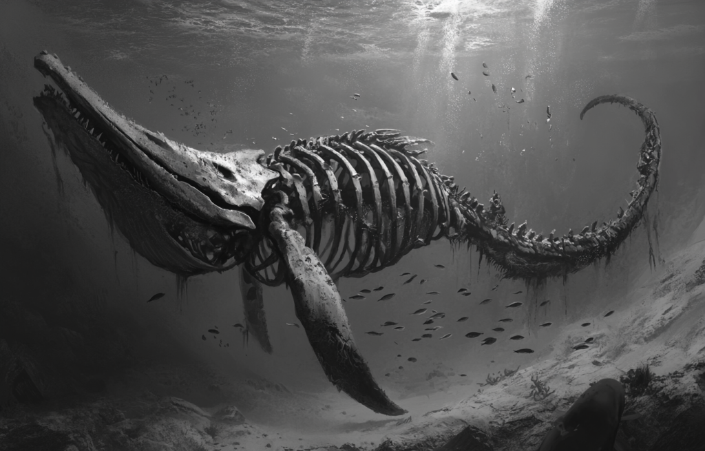 Bakekujira || It appears as a Skeletal whale accompanied by many fish. 