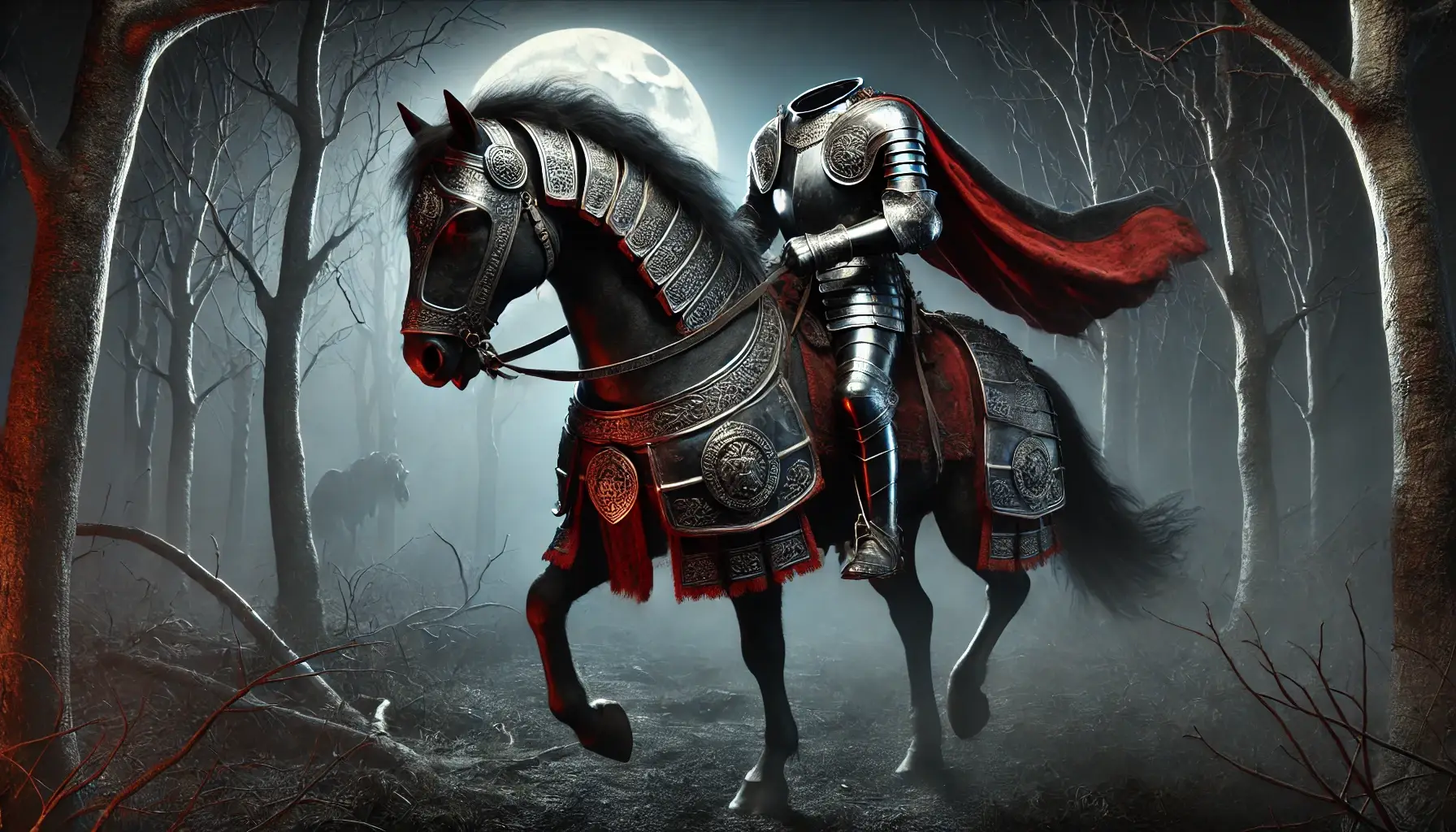 Image showing the headless German horseman. He is dressed in full battle armour and sits on his horse. He patrols the woods at night. 