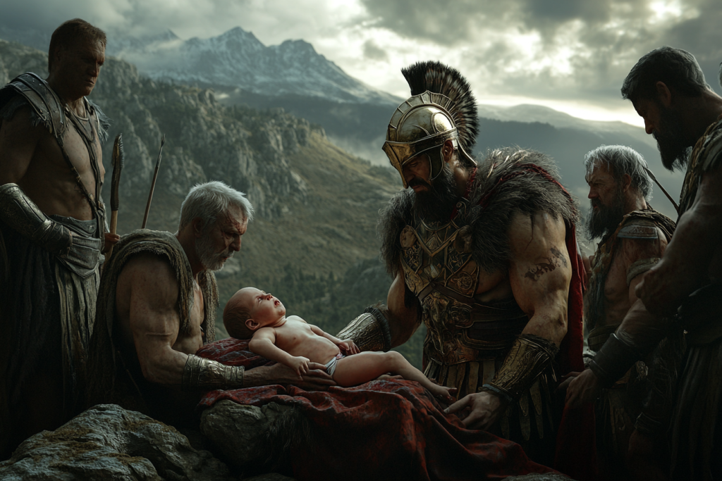 Spartan Elders inspect Babies for weakness. Deformed babies are often left in the wild to die.