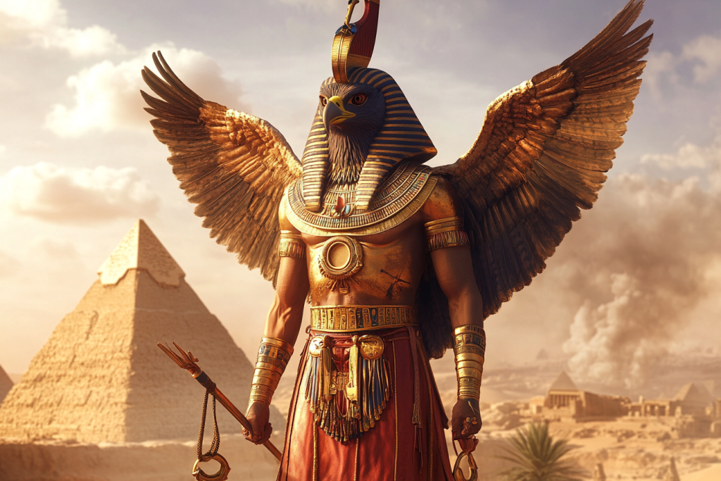 The Ancient Egyptian god of war Montu standing in front of the pyramids.