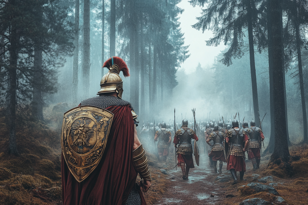 Roman soldiers march through the Teutoburg forest. 